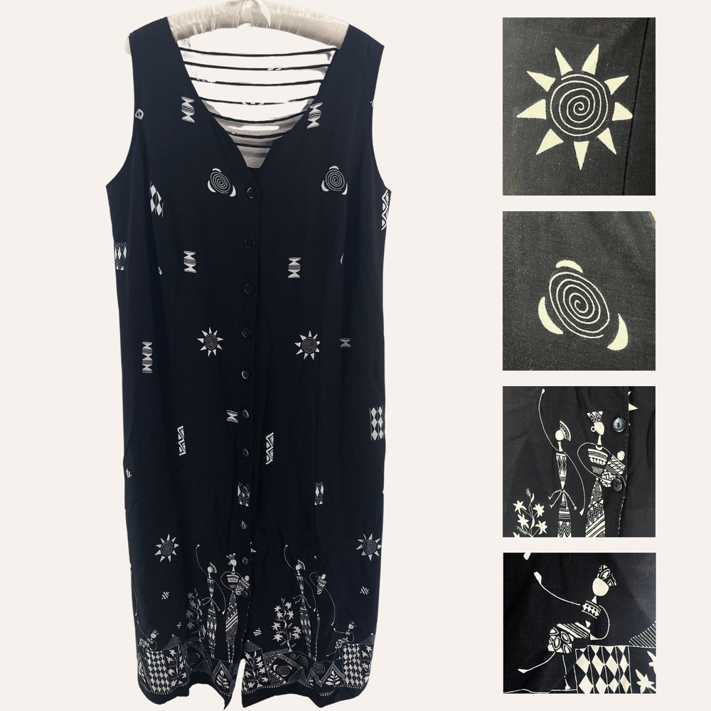 Vintage 90s Tribal Print Midi Dress Womens 18W Black Boho Celestial Abstract Art